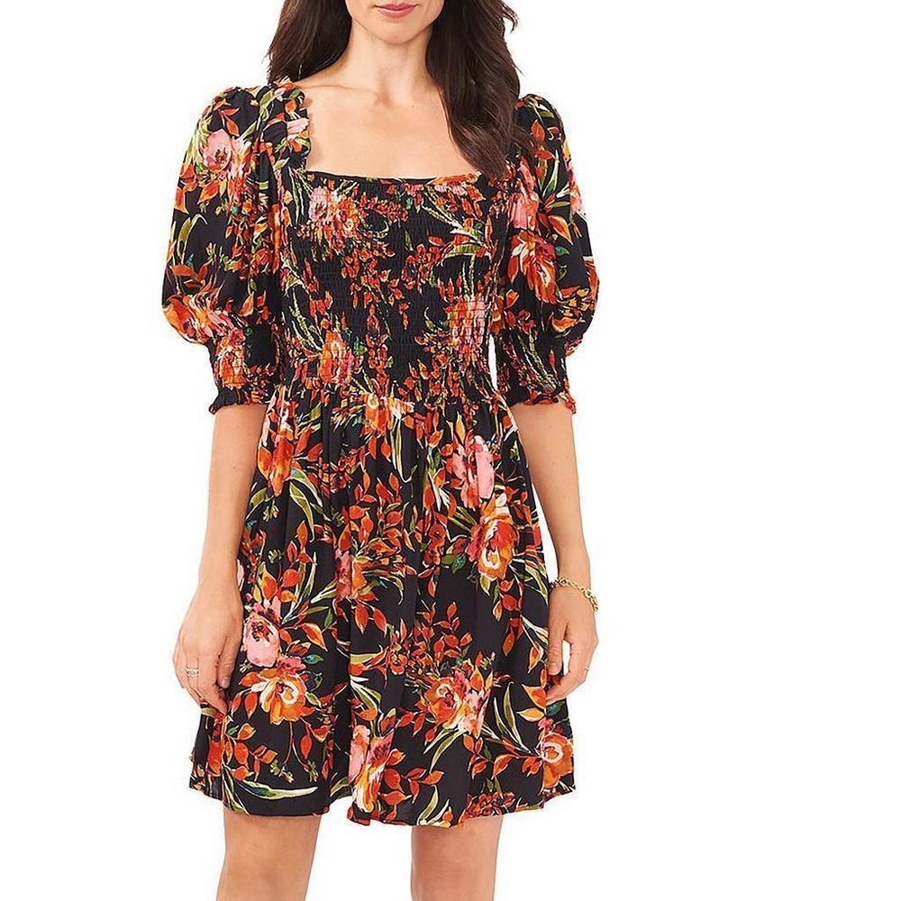 ⚫️ MSK Womens Black Floral Mini Smocked Fit & Flare Dress new​
